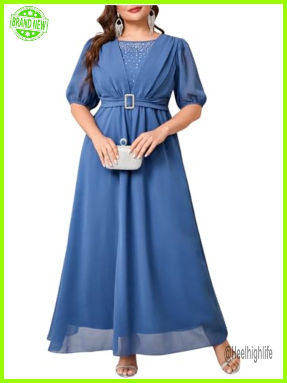 TIARALY Plus Size Chiffon Formal Maxi Dress Rhinestone Puff Sleeve Evening Gown